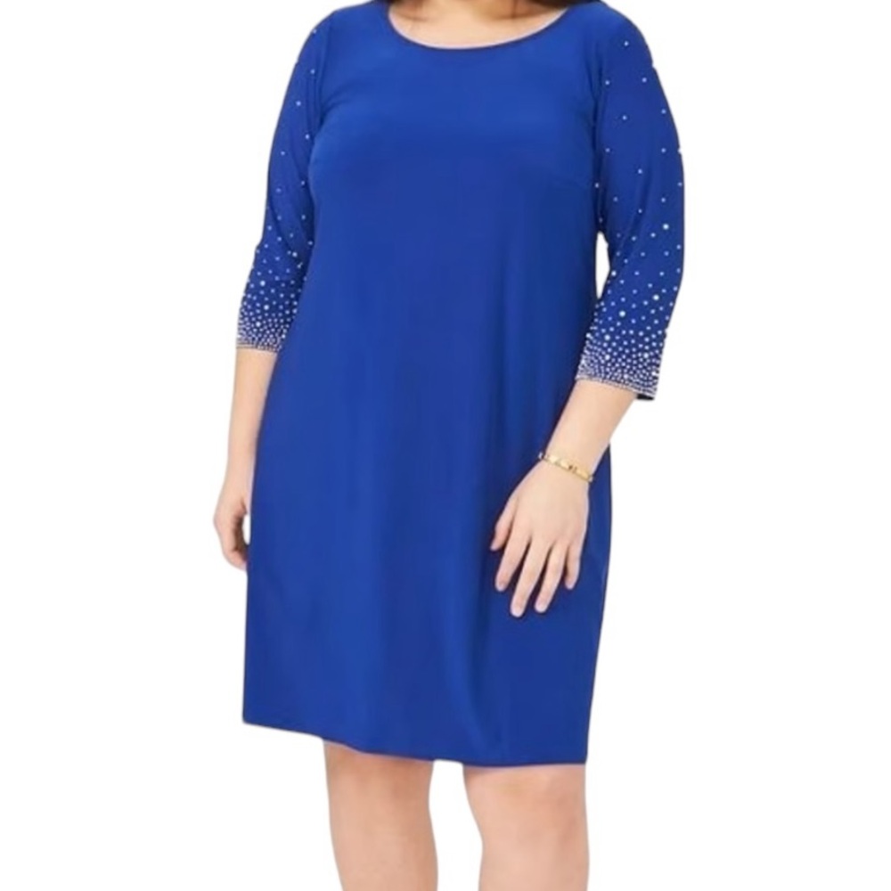 MSK Royal Blue Jersey Knit Scoop Neck Rhinestone/Pearl Embellished Sheath Dress